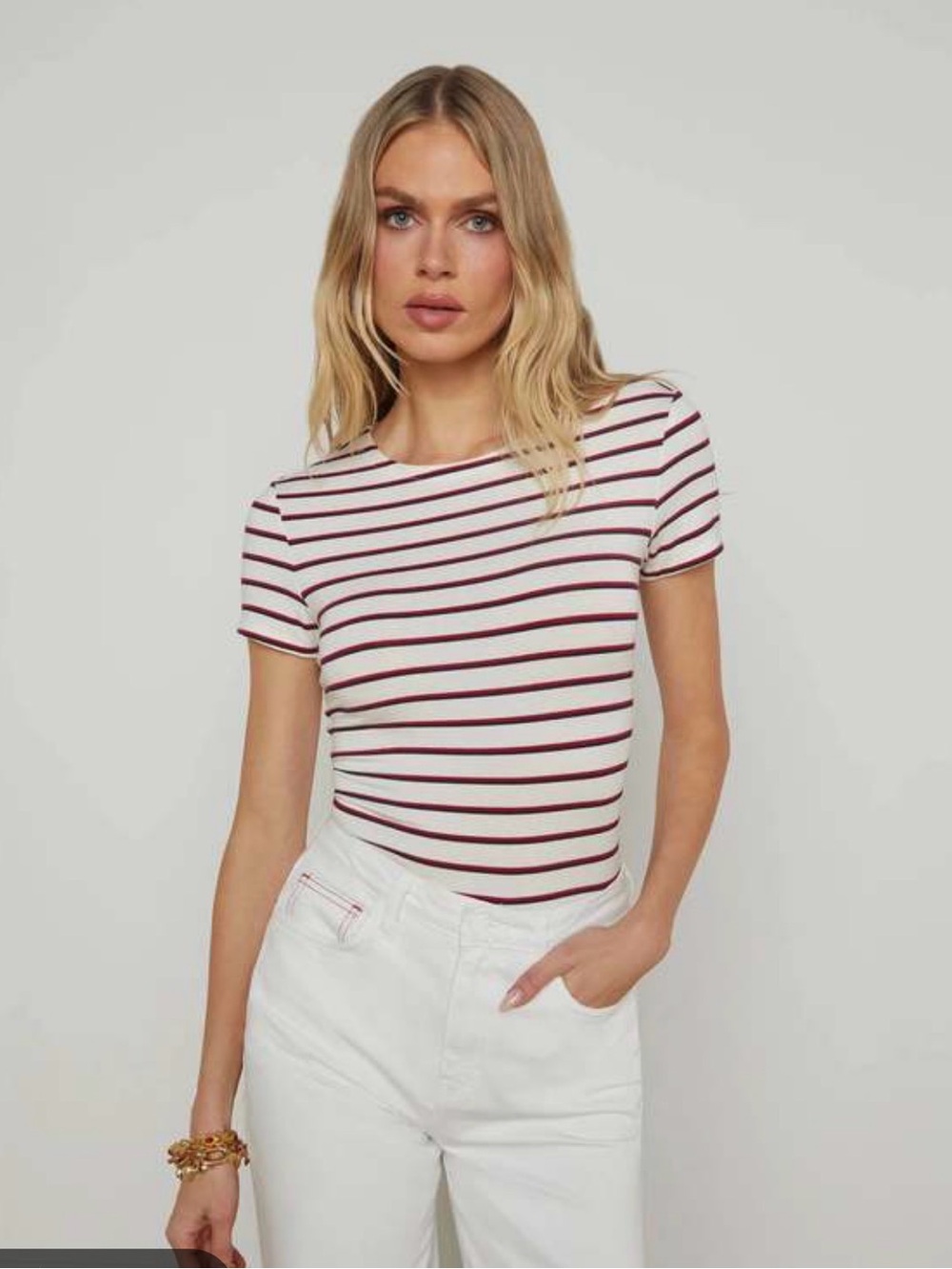 NWT L’AGENCE Ressi short sleeve stripe shirt red navy white small